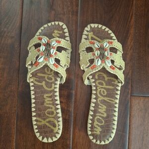 SAM EDELMAN "Bradie" Beaded Shell Raffia Slide Sandal-Natural Beige-Size 8.5